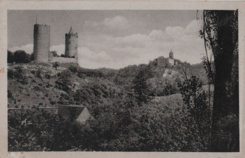 Ansichtskarte Bad Kösen-Saaleck - Rudelsburg - und Burg Saaleck - 1955 aus der Kategorie Rudelsburg