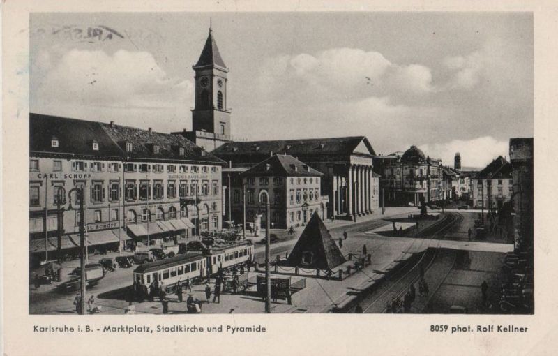 Ansichtskarte Karlsruhe - Marktplatz, Stadtkirche und Pyramide - 1954 aus der Kategorie Karlsruhe