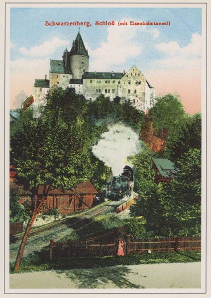 Ansichtskarte Schwarzenberg - Schloss mit Lokomotive - Reprint aus der Kategorie Schwarzenberg
